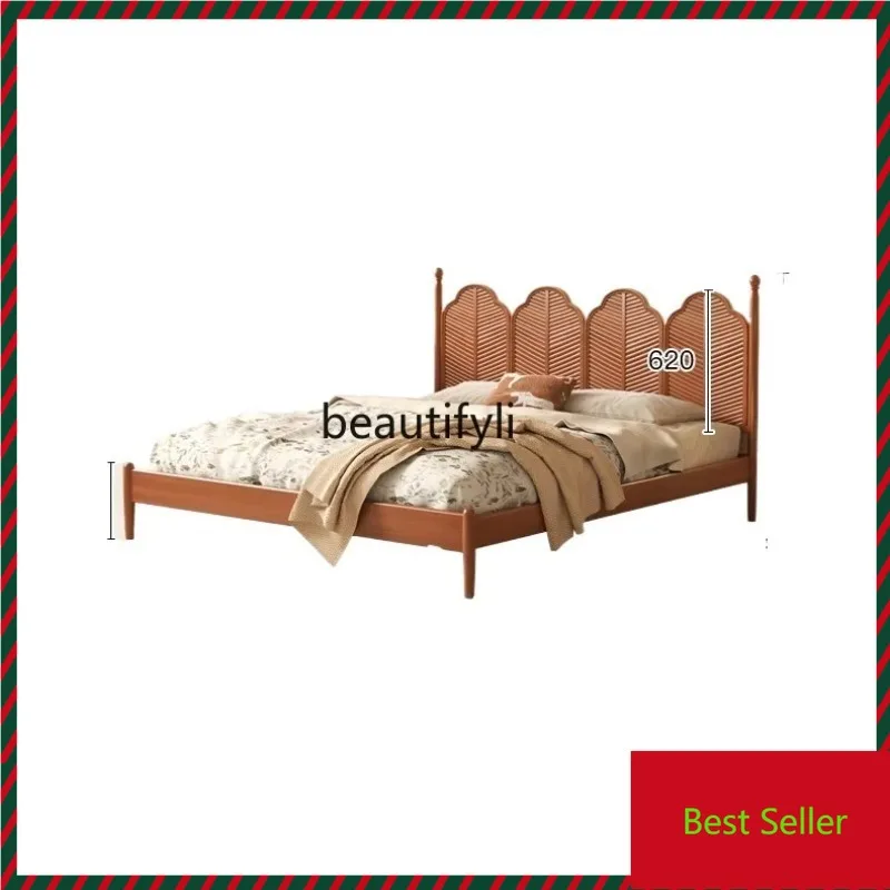 

K132 French Style Chinese Style Cherrywood Solid Wood Bed 1 M 5 Black American Retro Double Bed 1.8 Marriage Bed