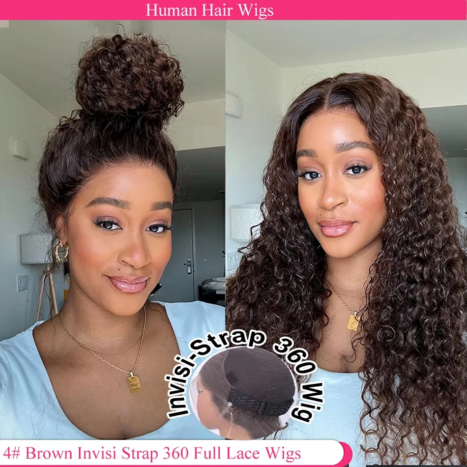 

Chocolate Brown Lace Front Wigs Human Hair Jerry Curly Full Lace Human Hair Wigs Hidden Strap 360 HD Full Lace Wigs For Women