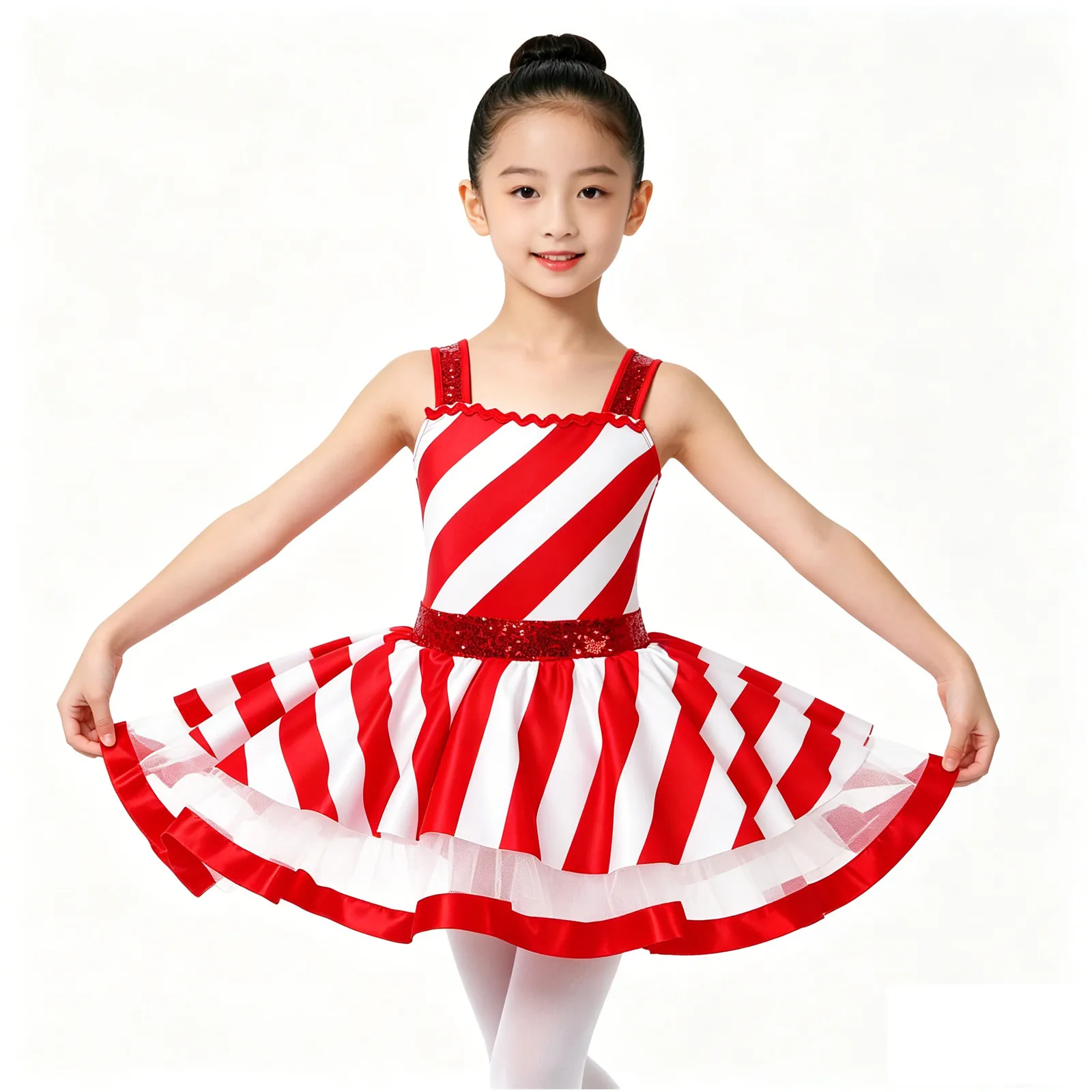 # Traje de baile de Navidad para niñas, 2T-16, bastón de caramelo, vestido de leotardo de Papá Noel, lentejuelas a rayas, patinaje sobre hielo, Ropa