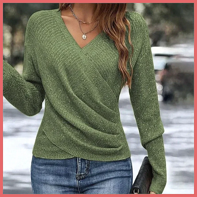 

2026 Women's Cross Knitted Pullover Sweater, V-Neck Long Sleeve Solid Color Versatile Knitwear