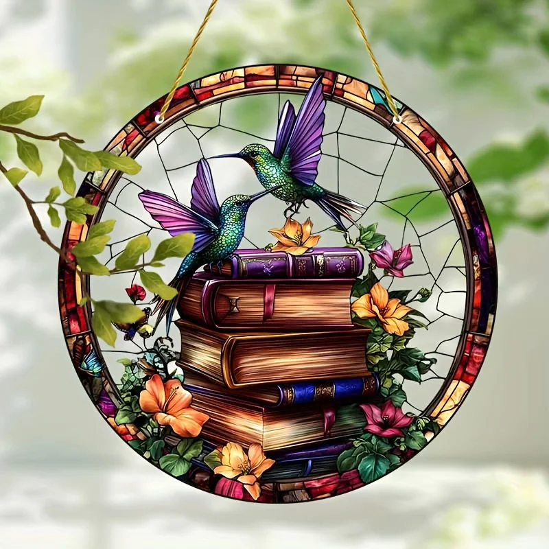 Charming Hummingbird and Magic Book - 20.32cm x 20.32cm Stained Glass Style Window Hanging, Perfect for Home and Garden Decorati