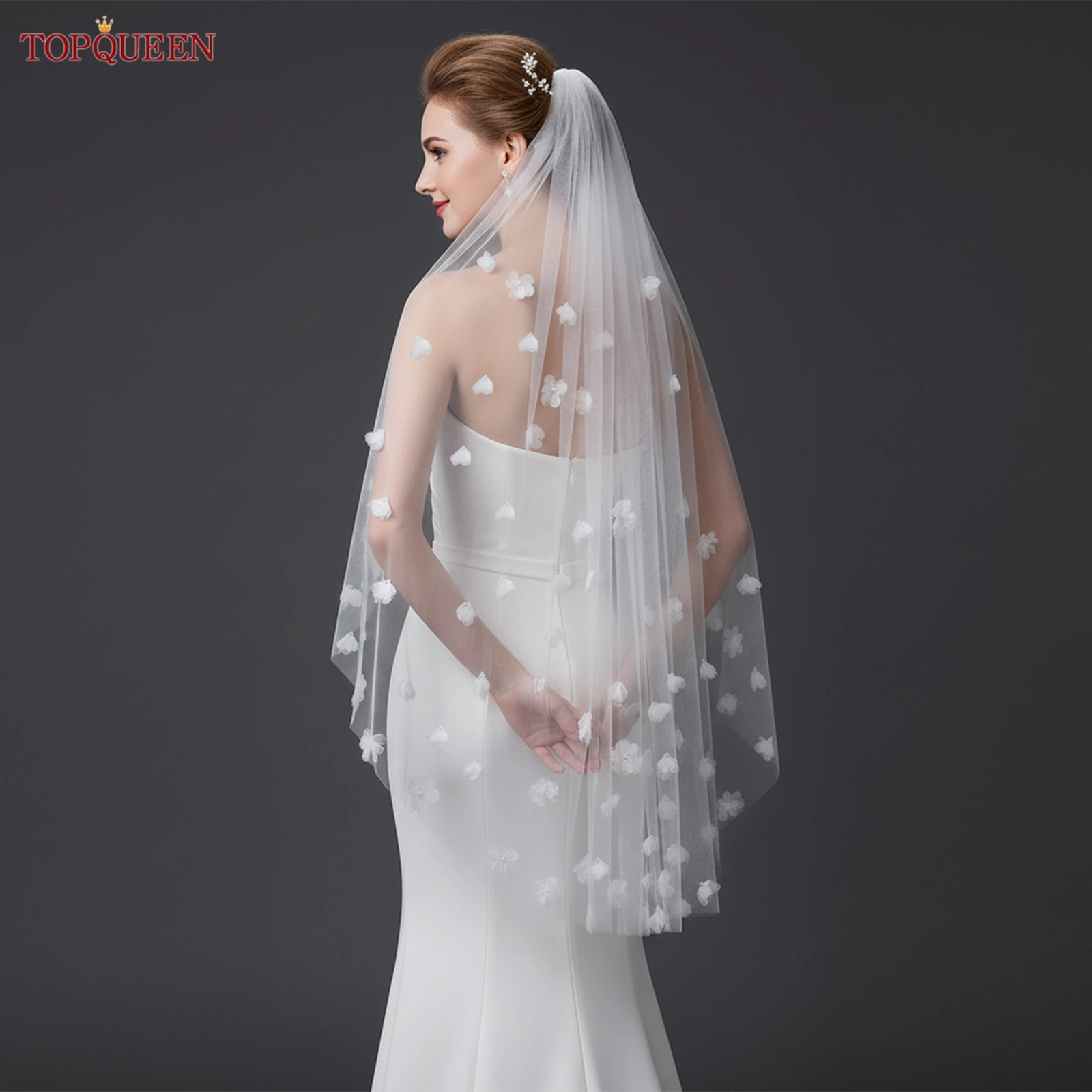 

TOPQUEEN 3d цветочная фата из мягкого нейлона и шифона длиной 3 м, церковная длина, свадебные аксессуары с расческой, настраиваемая V20
