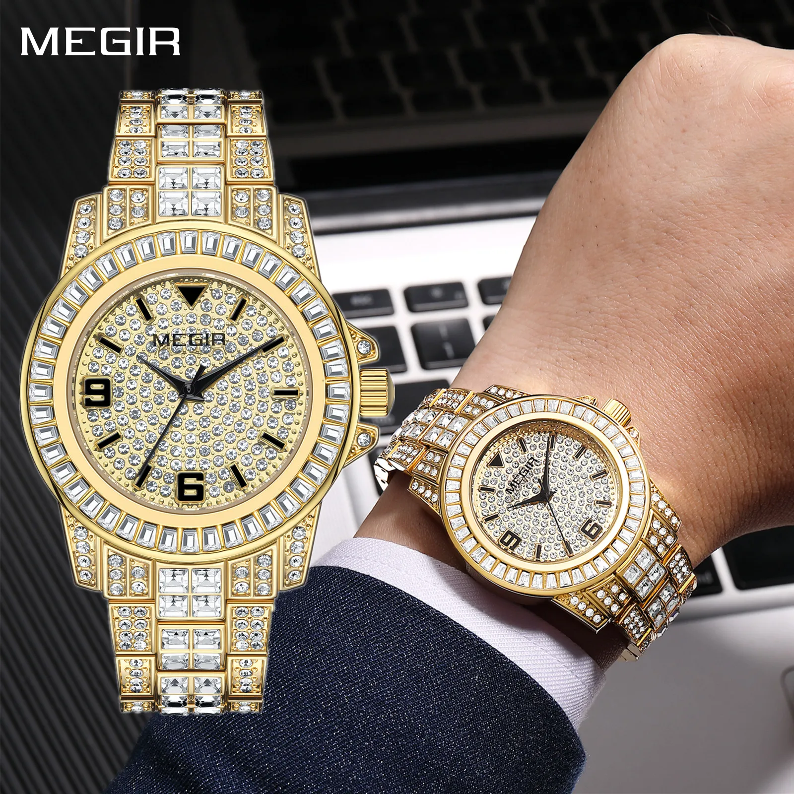 

MEGIR мужские часы крутые блестящие золотые роскошные повседневные наручные часы из нержавеющей стали с бриллиантами кварцевые часы Reloj Hombre 1092