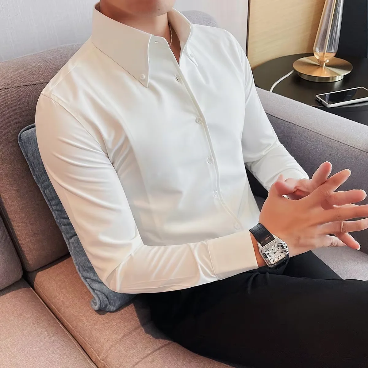 قمصان متينة ذات ياقة مدببة على الطراز الفرنسي الجديد للرجال جودة عالية فاخرة بأكمام طويلة قميص مناسب للحفلات الاجتماعية الرسمية #1