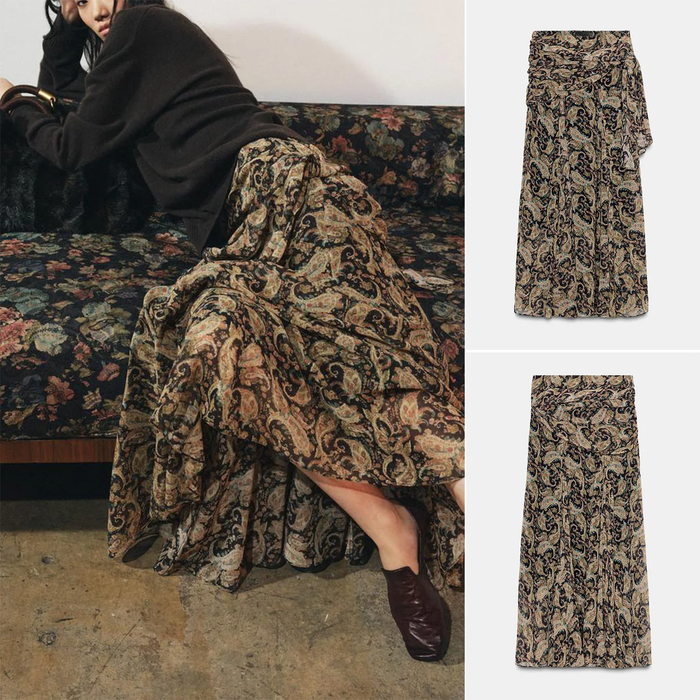 

Fall New Women's A-Line Skirt Pleated Hem Layered Design Paisley Print mid Waist Long Dr Polyester Fiber Commute Casual