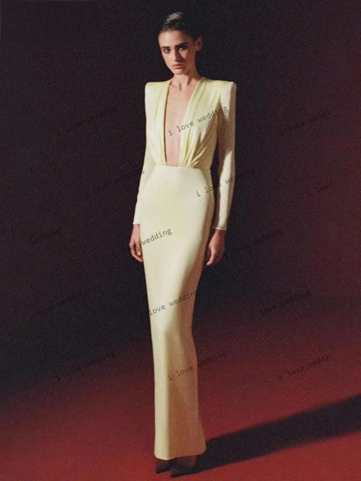 Vestidos de Noche largos con cuello en V profundo de color amarillo claro, vestido de fiesta de boda elegante de sirena de manga larga de satén 2025 para mujer personalizado