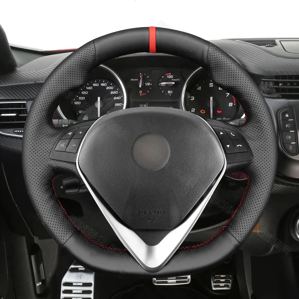 Red Marker Black Leather Car Steering Wheel Cover for Alfa Romeo Giulietta 2014 2015-2020 2021 MiTo 2016 2017 2018-2019