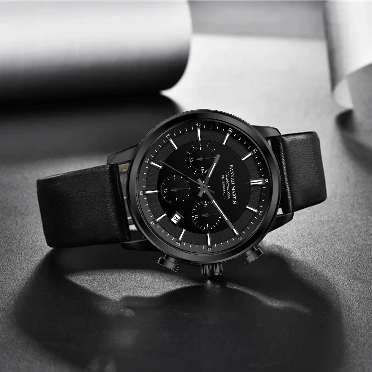 Hannah Martin Men Gift Box Men Watch Black Leather 41mm Business Multifunctional Timing Clock Quartz Movement Sports Men Watches