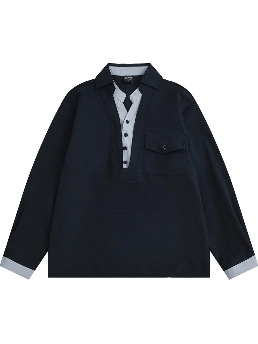 

Casual V-Ne Long Sve Men's irt Color Blo Outerwear Versatile Autumn Faion Brand Loose Fit Breathable Skin-Friendly