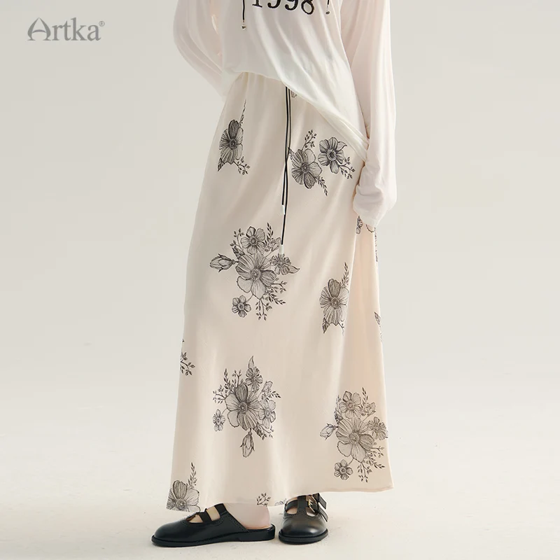 

ARTKA 2024 Early Autumn New Women Skirt Fashion Designer Flower Print Long Skirt Elastic High Waist Straight Skirts QA92540Q