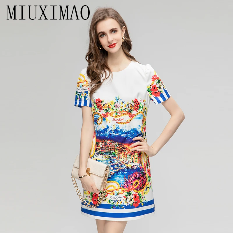 MIUXIMAO 2023 Fall Dress Sicily Fashion Short Sleeve Slim Flower Boat Diamonds   Tank Dress Women Vestidos Loose Mini Dress