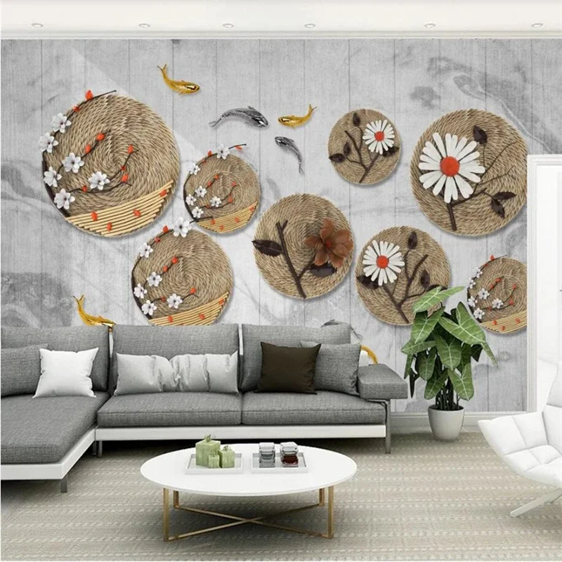 

Custom wallpaper 3D mural new Chinese Zen rope rope fish mural circle black and white line European pattern decorative painting