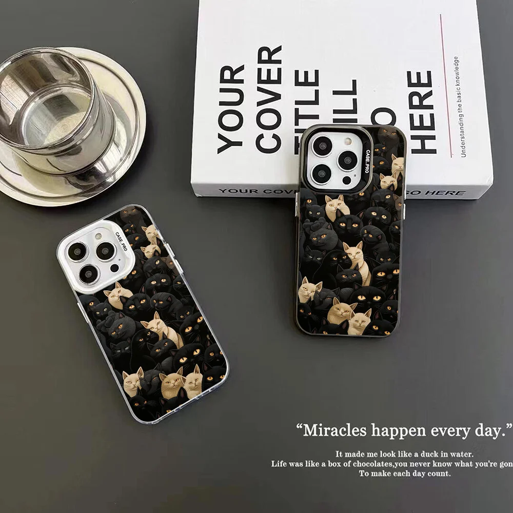 Black Cat Art Phone Case IMD Color Silver Shell For IPhone 16 15 14 13 12 Pro Max Plus