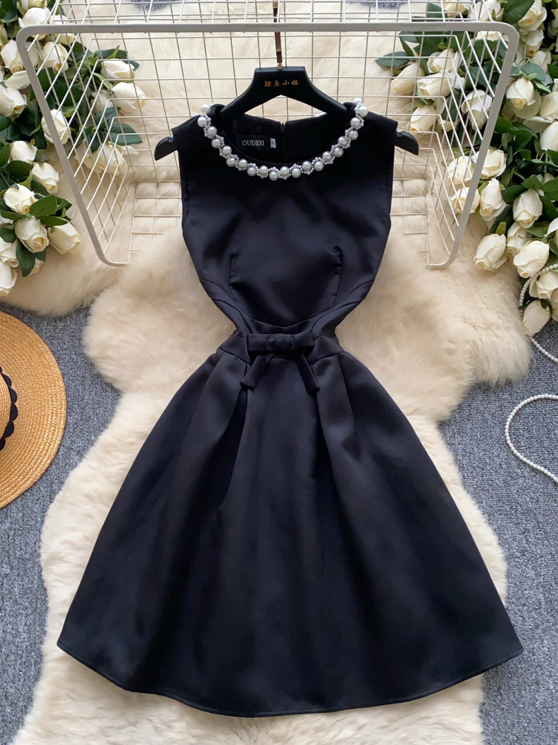 Ele High-End Beaded round Ne Svel Women's Dr Summer Slimming A-Line Full Skirted Gown Korean Sle High Waist