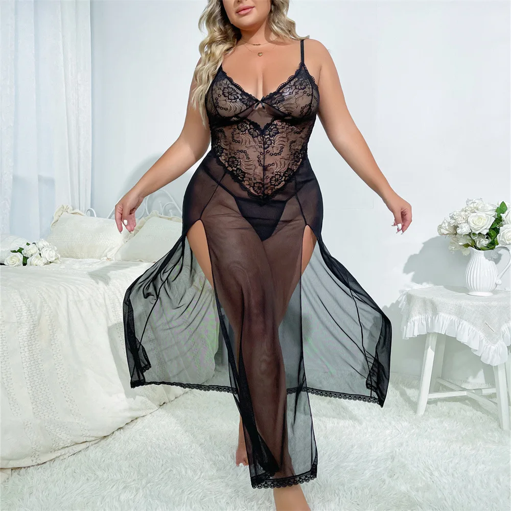 

Lace Nightgown Long Sexy Bathrobe Slit Mesh See Through Pajamas Alluring Charming Deep V Halter Nightgown Exotic Plus Size 4XL