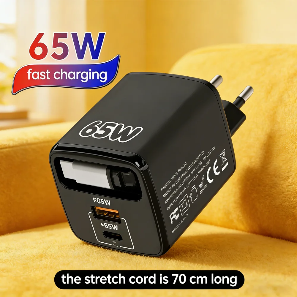65W PD USB C Charger Telescopic USB C Cable Quick Charge 3.0 Wall Phone Adapter Plug for iPhone 17 Pro Samsung Xiaomi EU/US/UK