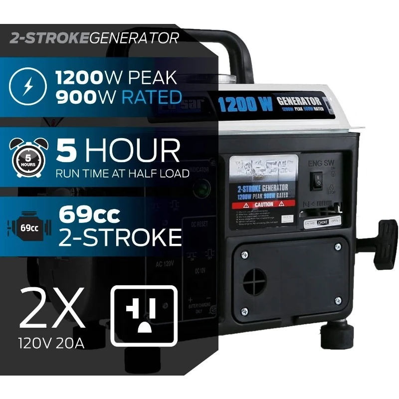 Alça de transporte de 1 200 W, gerador portátil a gás PG1202SA, 1200 W, preto/branco