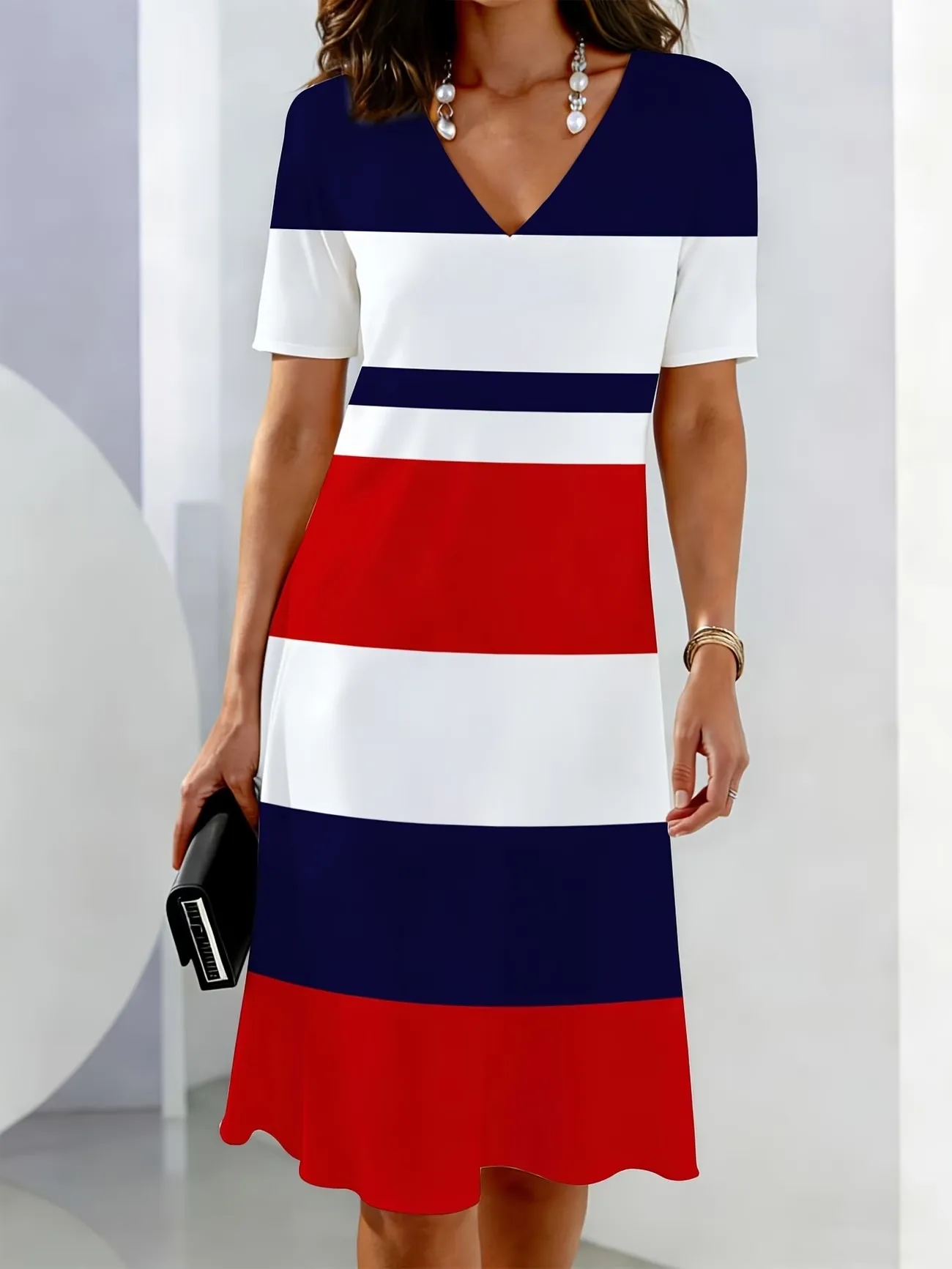

3D Color Stripe Pattern Printed Dress, S-3XL Large Women's Short Sleeve V-neck Party Dress