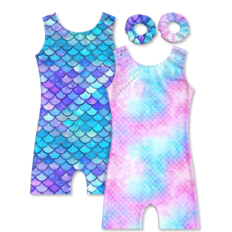 

Leotard for Girls Gymnastics Mermaid pattern Shiny Sleeveless Dancewear Activewear Kids One Piece Tumbling Outfits With Hairband