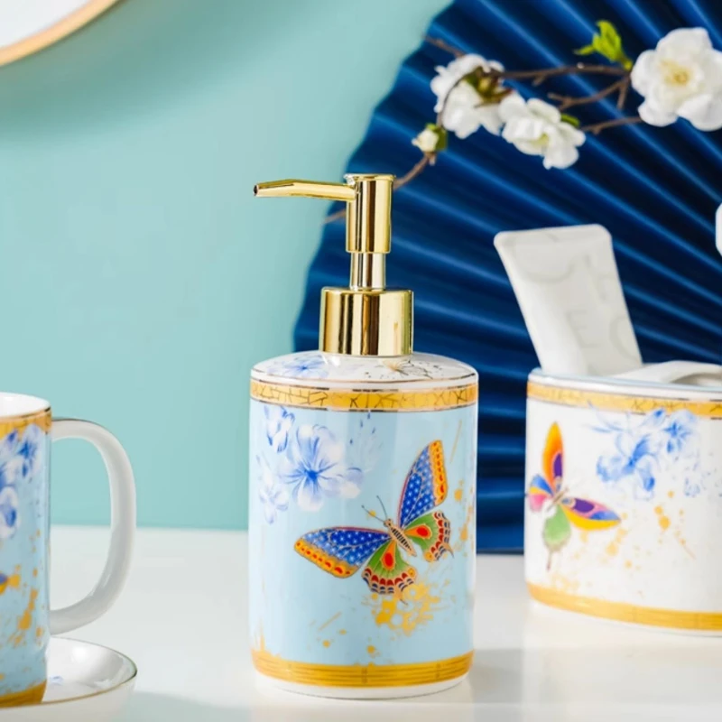 1pc Ceramic Bathroom Accessories Soap Dispenser Mouthwash Cup Toothbrush Holder Storage Tray Butterfly Pattern Bathroom Decor