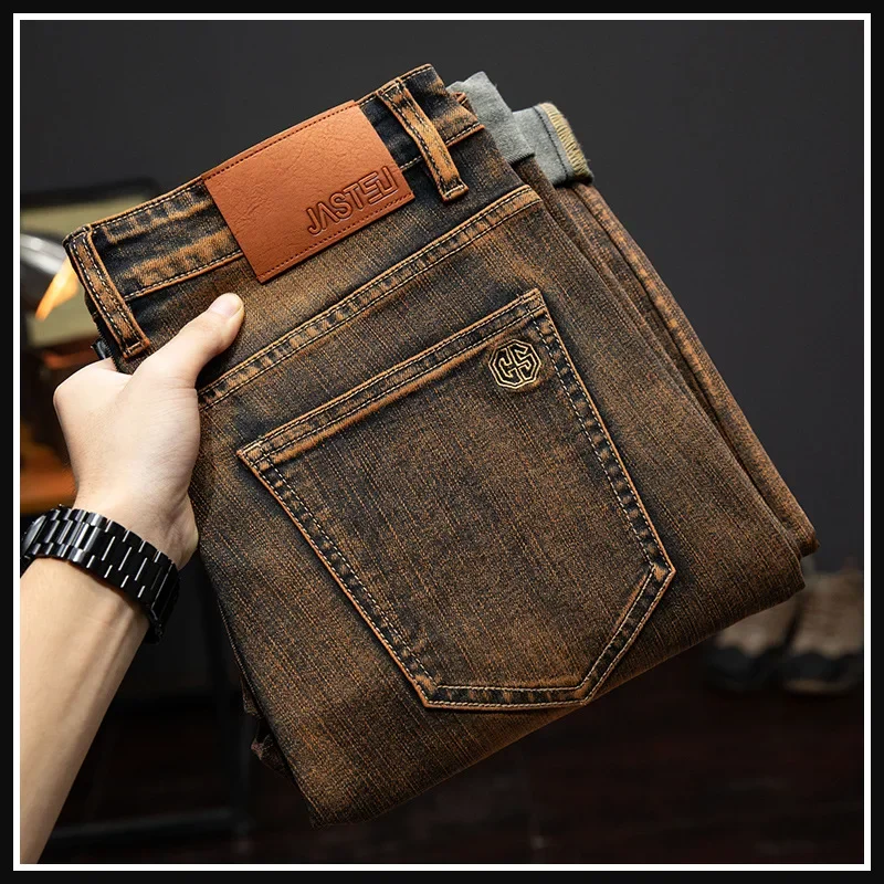 High-End Brown Jeans For Men New 2024 Spring/Autumn Elastic Slims Smooth Your Silhouette Versatile Straight-Leg Casual Trendy Lo