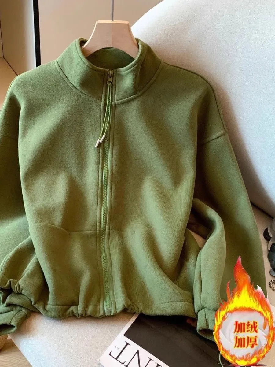 

Женская утепленная толстовка-кардиган с воротником-стойкой, свободного кроя, в стиле кэжуал, маленький размер, топ на весну-осень-зиму, новинка