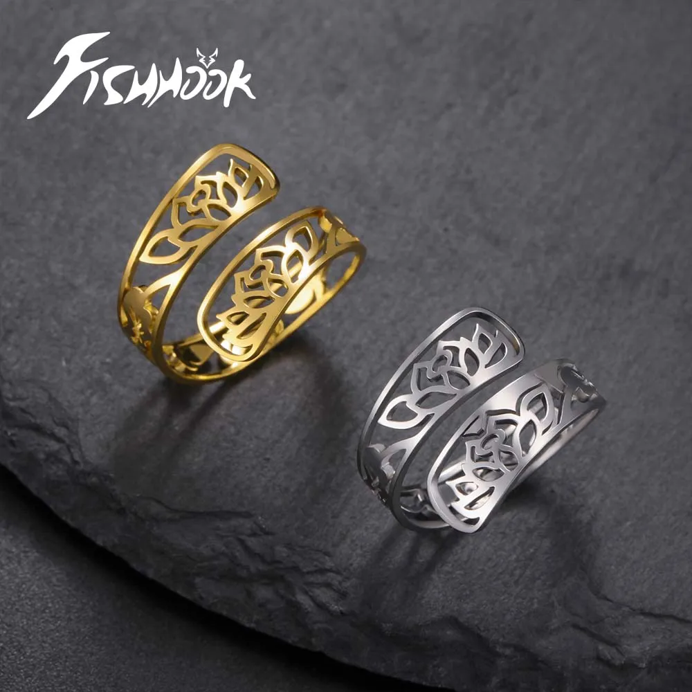 Fishhook Lotus Flower Finger Ring for Men Woman Kid Child Resized Gold Color Stainless Steel Jewelry Gift Supernatural Amulet