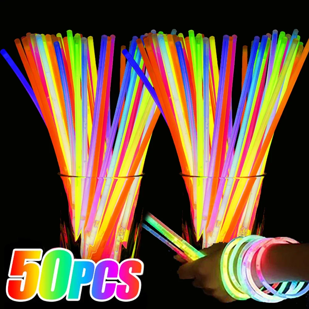 50/1Pcs Party Glow Sticks Fluorescence Light Glow In The Dark Bracelets Necklace Bright Colorful Glow Stick Birthday Party Decor