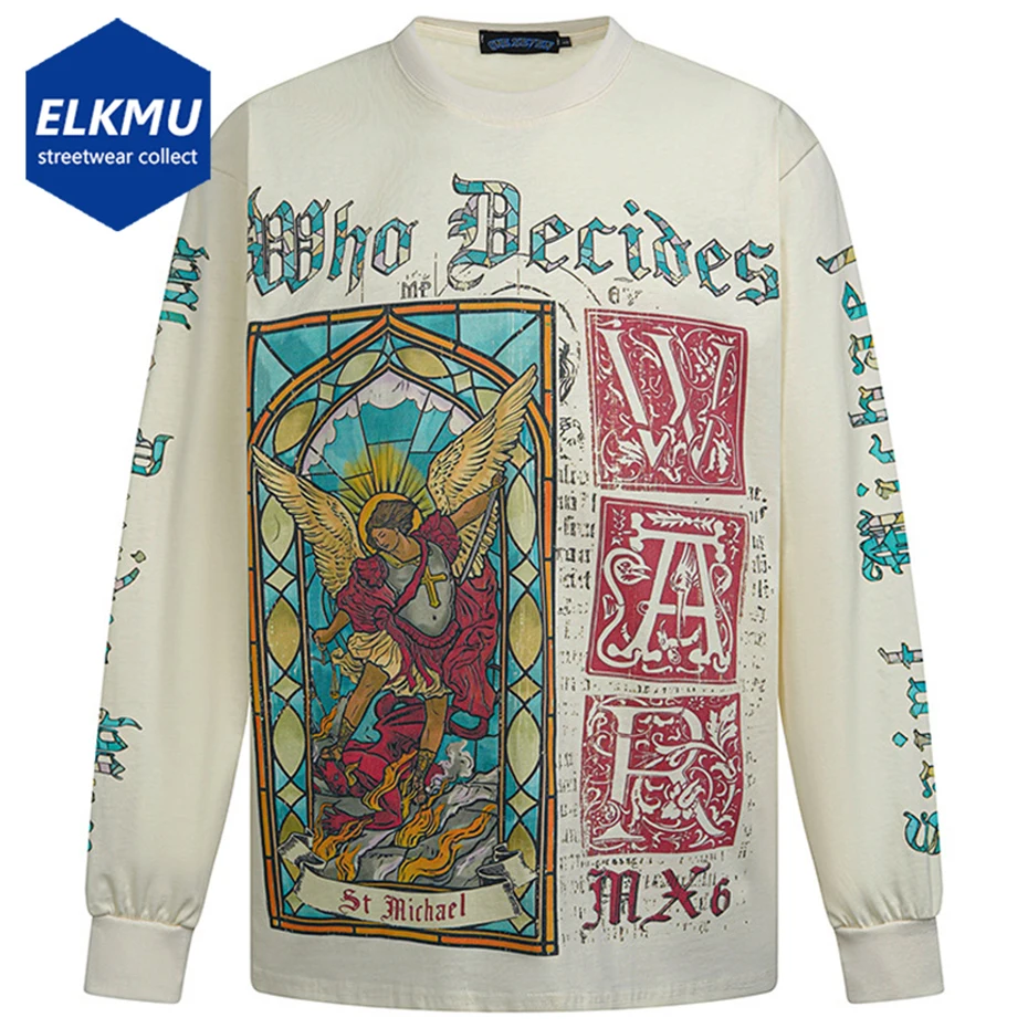 

Vintage Oversized T-shirts Men Streetwear Harajuku Hip Hop Y2K T-shirts God Graphic Long Sleeve Tee Tops Cotton Tshirts