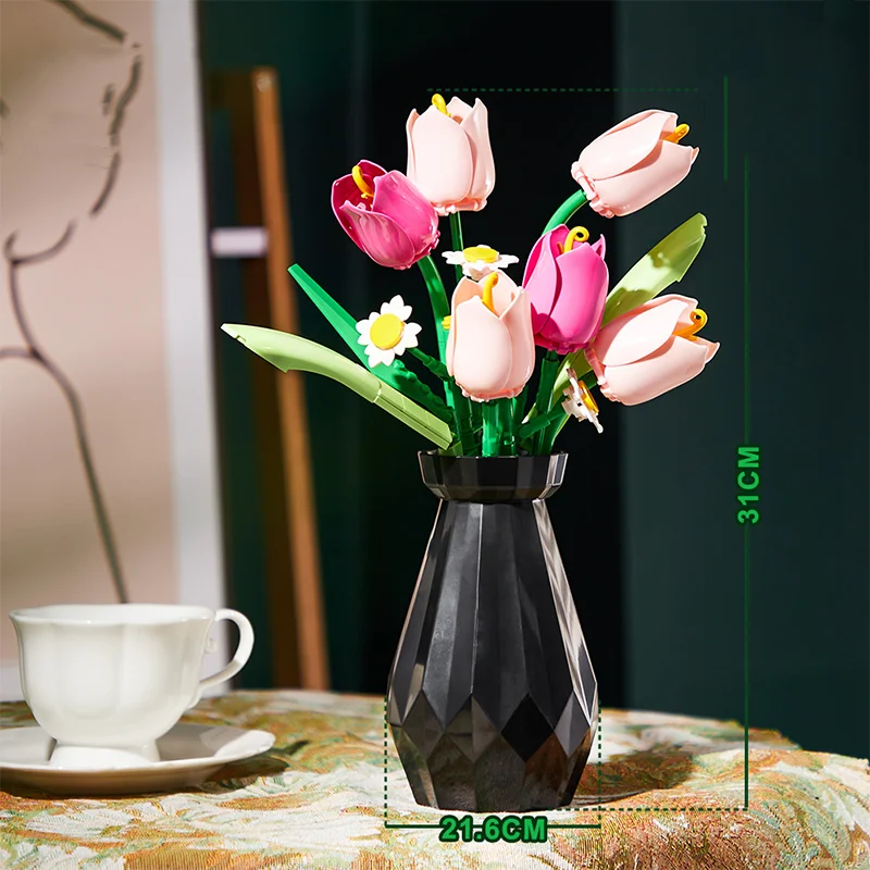 Rose Tulpen Bloem Model Bouwstenen Set 3D Boeket Bakstenen Kinderen DIY Speelgoed Home Decor Valentijnsdag Cadeau Volwassen Voor meisjes