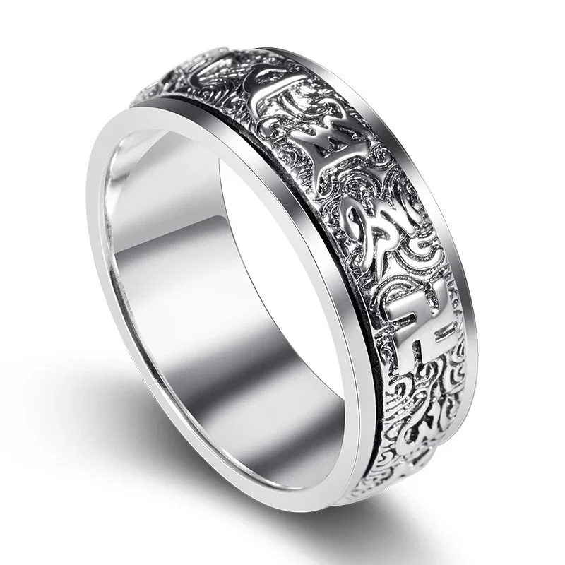 Original Design Six-character Mantra Ring Classic Rotating Mens Rings Silver 925 Simple Masculine and Handsome Banquet Jewelry