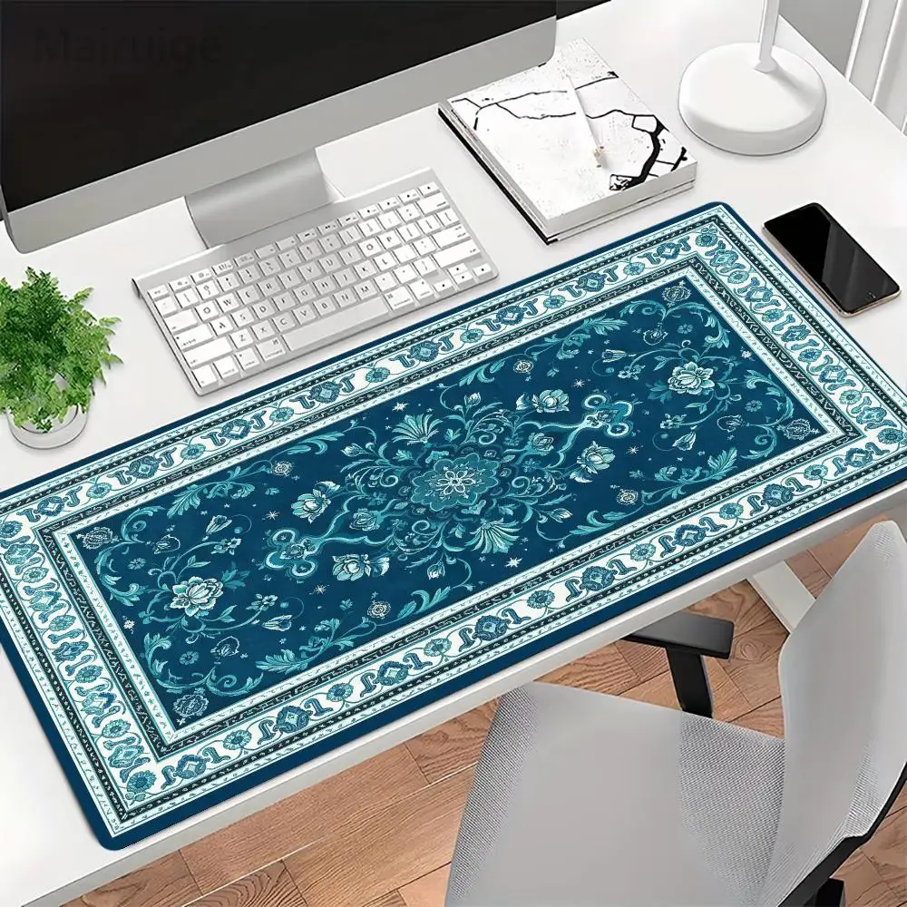 Lake Blue Allover Floral Persian Gaming Mouse Pad Large Size Thick Rubber For Calming Office Decor