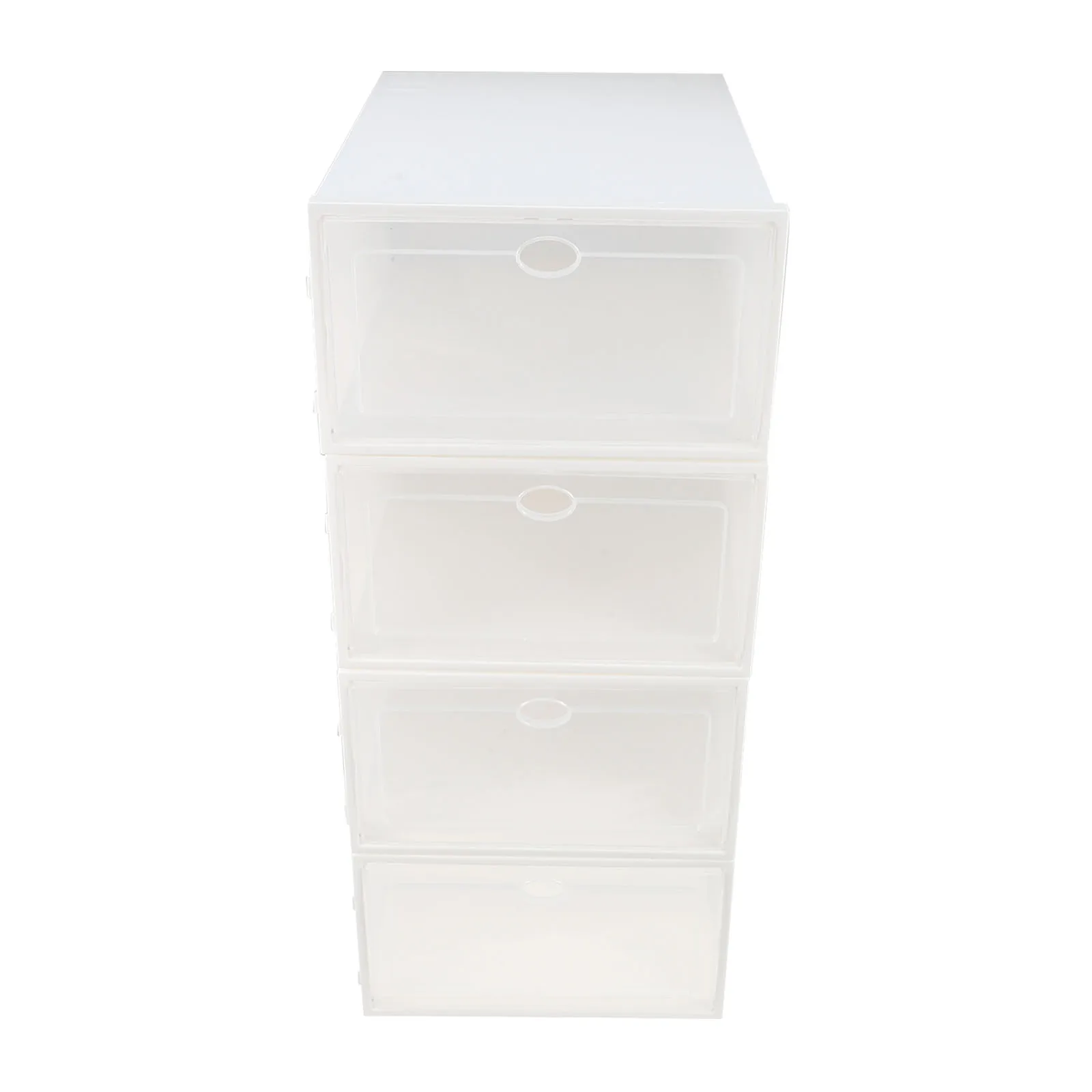 

4pcs Transparent Plastic Shoe Boxes Stackable Waterproof Dustproof Storage Containers for Men Black Frame White Color