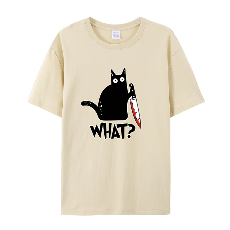 

Funny Knife Cat Cartoon Printed T-Shirt Men Fashion Casual Short Sleeves Loose Oversized Cotton Tshirt Summer Breathable Tees