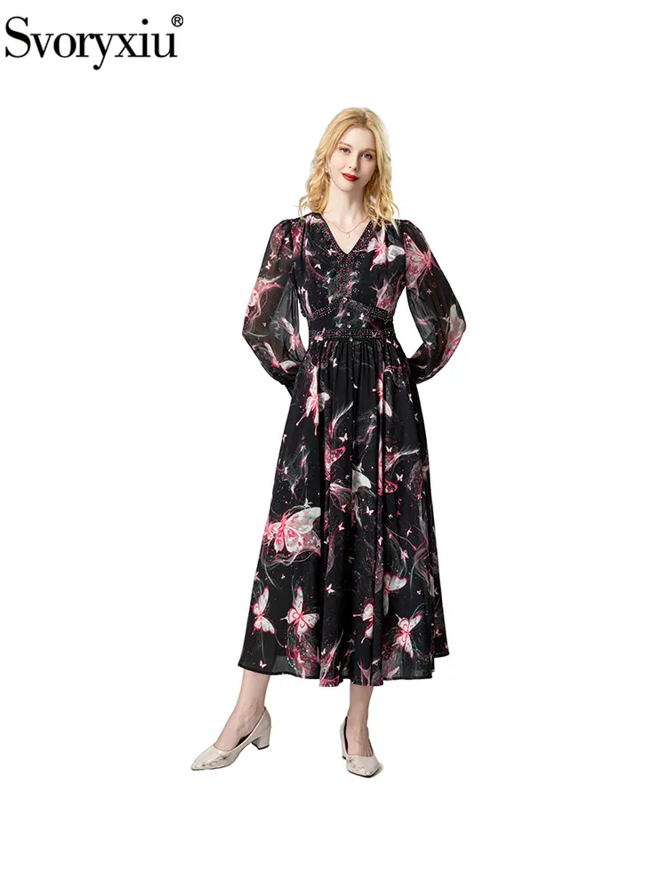 

Svoryxiu Autumn Fashion Party Elegance Printing Long Dress Women's Gorgeous Diamond V-Neck Lantern Sleeve High Waist Dresses