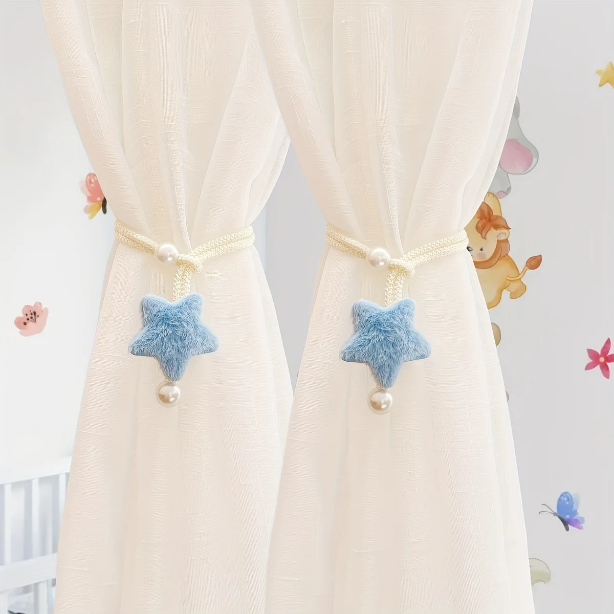 2PC INS-style Soft Three-dimensional Plush Star Bead Curtain Ties – Versatile Ropes for Kids' Room Decor & Mosquito Net
