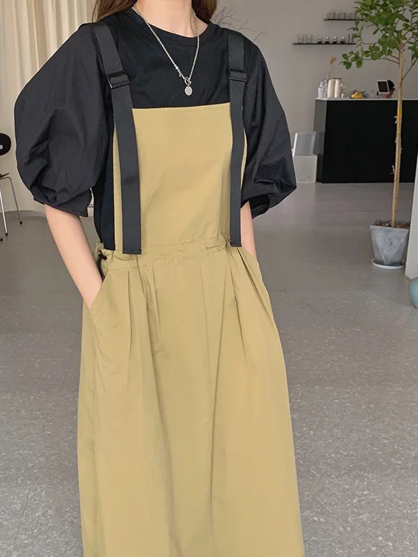 Korean Style Summer Simple Pure Color Bubble Sleeve T-shirt Women's Anti-Aging Workwear Overalls Skirt Set Fashionable Ensemble