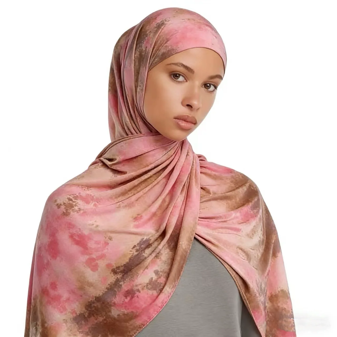 

Премиальный драпированный хиджаб из жидкого джерси с принтом, дышащий, для женщин, мусульманский модный тюрбан-шарф