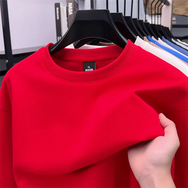 Fotografia 4: High end moda em torno do pescoço moletom masculino outono cor sólida simples coreano solto e confortável algodão manga longa camiseta