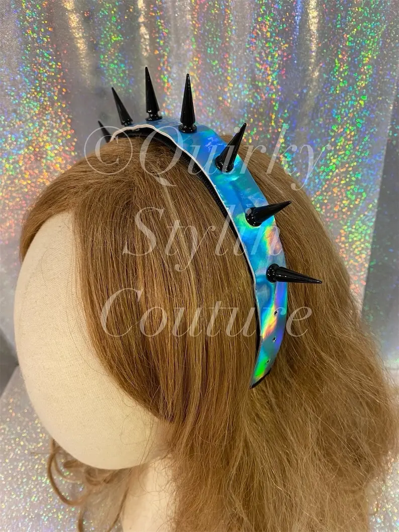 Blue Handmade Spiked Headband Black Punk Spikes Iridescent Rave Goth Festival Hair Headpiece