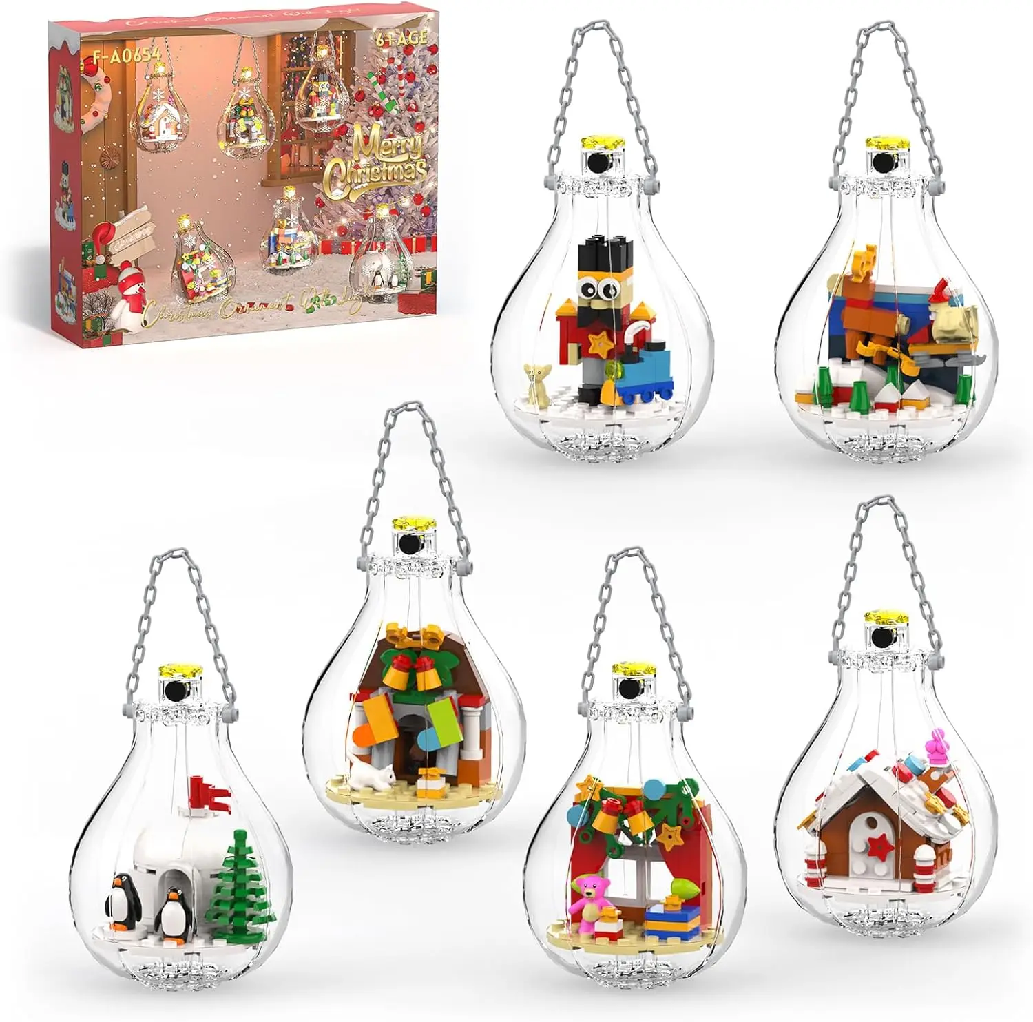 6 Pack Christmas Tree Bulb Ornament with Light Building Set, Santa Claus Gingerbread House Nutcracker Penguin Bear Building Kit