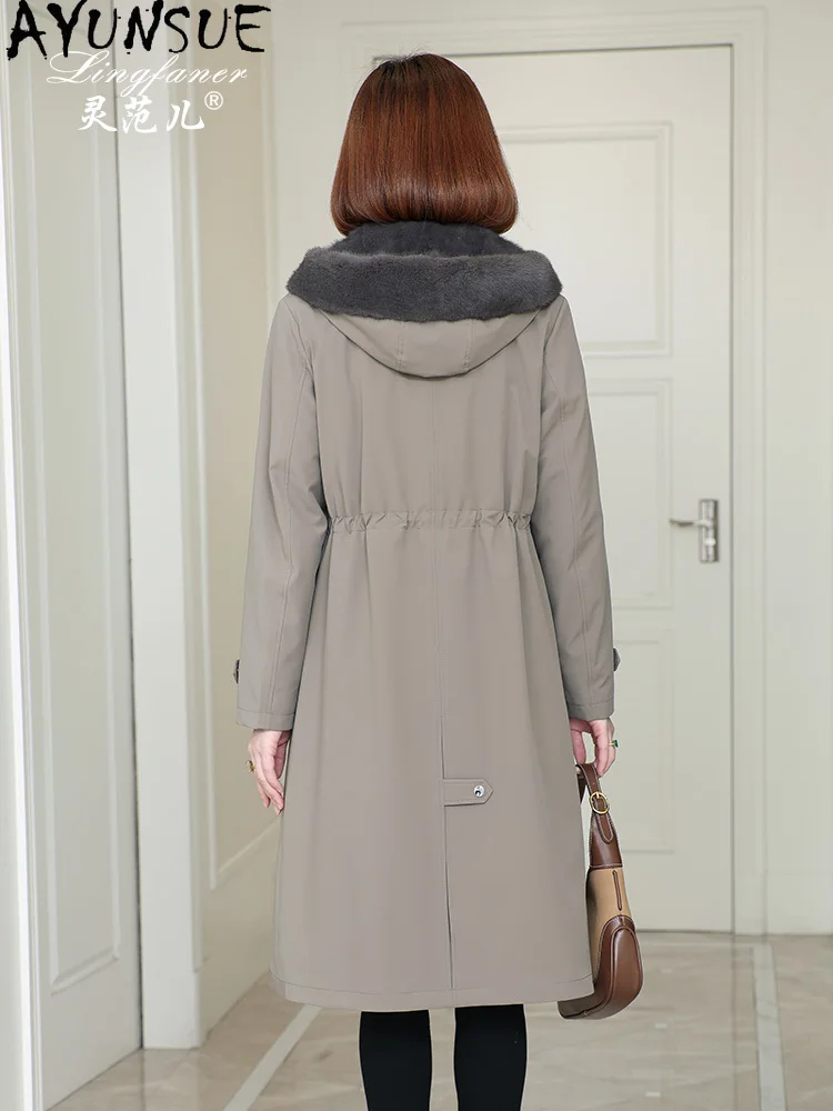 AYUNSUE 리얼 밍크 퍼 코트 여성용 2025 겨울 의류 중간 길이 파카 리얼 퍼 코트 여성용 코트 라이너 탈부착 가능