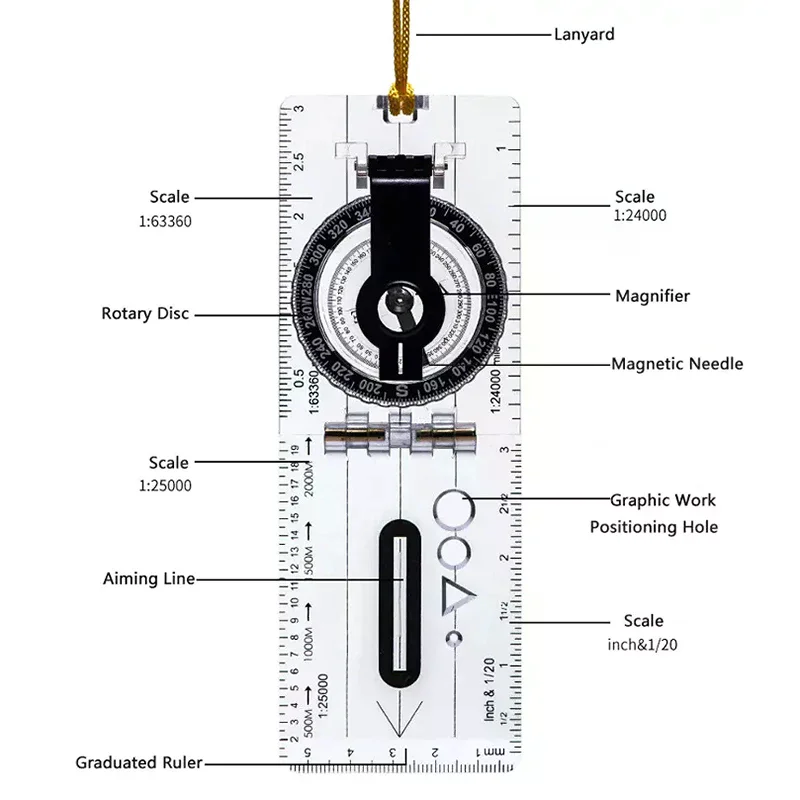 Compass Map Scale Ruler Folding Drawing Multifunctional Waterproof Outdoor Hiking Survival Guide Tool