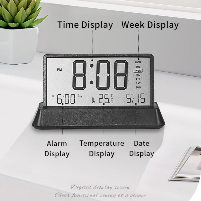 LCD Digital Alarm Clock Transparent Date Week Temperature Display Three Alarms 12/24H Snooze Table Clock Batteries Powered