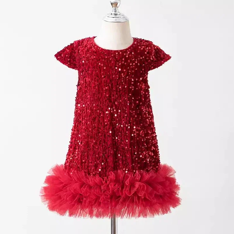 New Autumn Girls Princess Dress Baby Kids Elegant Party Tutu Fluffy Sequin Mesh Skirt Children Mesh Tulle Birthday Dresses L465