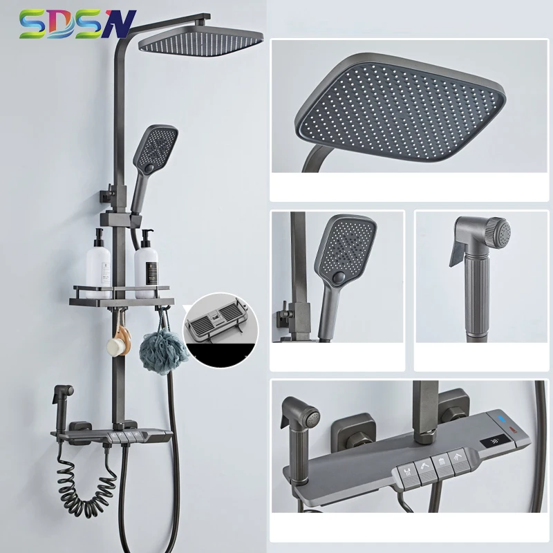 Paino Digital Shower Set Gun Grey Thermostatic Bathroom Faucet Hot Cold Water Tap Wall Mounted LED Display Digital Shower System