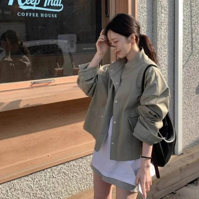 

Loose Bike Jackets Women Jacket Spring Autumn Solid Color Stand Collar Fashion Long Sleeve Leisure Zipper Design Women Clothing