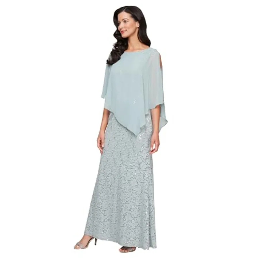 Womens Long Shimmer Foil Printed Chiffon Overlay Wedding Guest Capelet Gown, Formal Dress W/Attached Cape