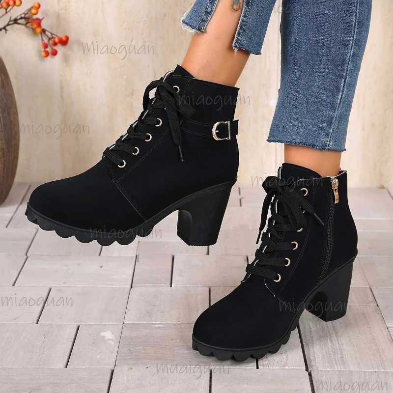 Plus Size 36-43 Women's Ankle Boots Autumn Winter Chunky High Heel Short Boots Round Toe Lace Up Booties Botines Para Mujeres view 6