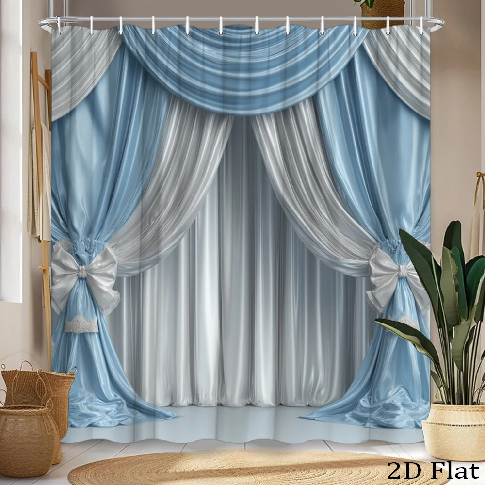 

Элегантная сине-белая занавеска для душа с бантом, машинная стирка, всесезонная, водонепроницаемая, защита от посторонних глаз, 12 крючков